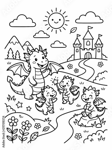 Adorable cartoon baby dragons with wings exploring a whimsical fantasy landscape filled with flowers, a castle, and a smiling sun, perfect for coloring books and children's illustrations