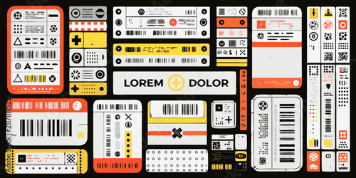 retro futuristic industrial labels vector illustration barcode tag sticker design graphic pattern icon symbol logo text lorem dolor yellow orange white black background