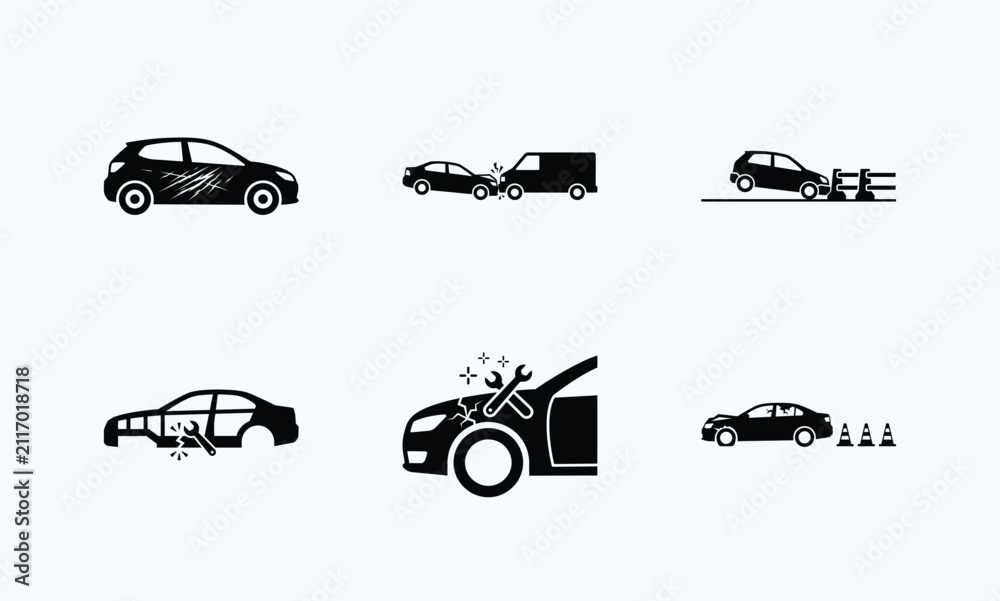Obraz premium Set of vector illustrations related to car damage and repair services.