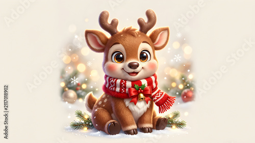 Adorable baby Christmas reindeer with big sparkling eyes, tiny antlers, red bow and cozy winter scarf, cute children's holiday illustration style, premium 3D cartoon character, isolated background