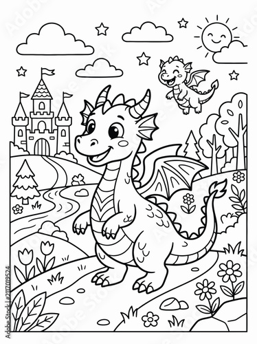 Adorable cartoon dragon and baby dragon flying over a whimsical castle with colorful flowers, trees, and a bright sky, perfect for coloring pages and children's fantasy illustrations