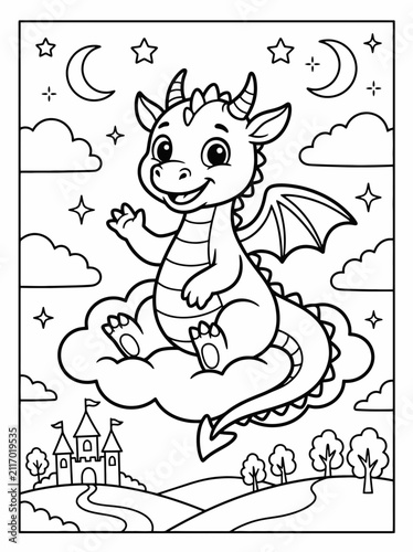 Adorable cartoon baby dragon waving happily on a cloud with a magical fantasy castle and starry night sky, perfect for coloring pages and kids' fantasy illustrations