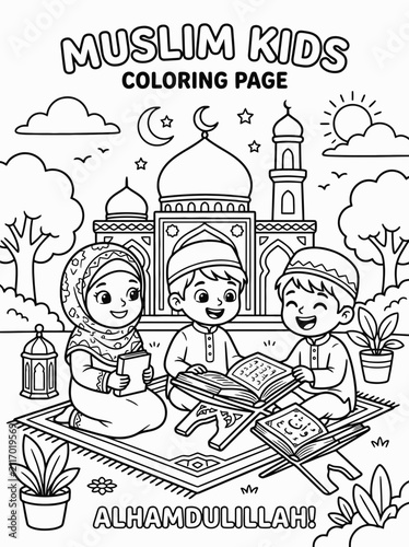 Adorable muslim children coloring page featuring kids reading quran with mosque and islamic elements, perfect for educational and fun activities