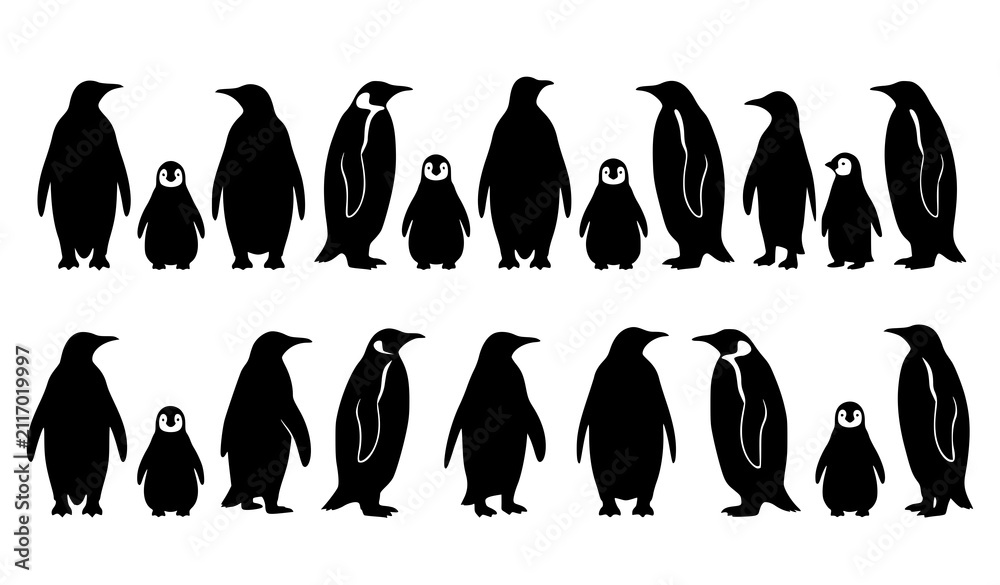 Obraz premium Penguin Silhouette Group Standing in Two Rows Vector Illustration