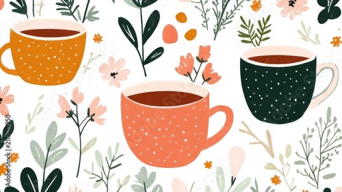 Cute hand drawn floral pattern with colorful coffee mugs and botanical elements for cozy home decor stationery wallpaper design.