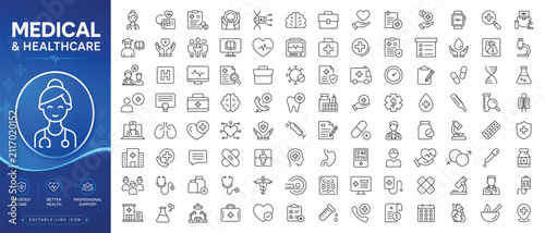 Comprehensive medical and healthcare line icon set with editable stroke. Treatment and pharmaceutical elements in a linear style