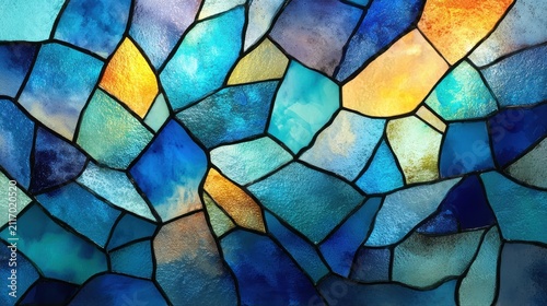 Stained glass window with blue and gold geometric panels. Perfect for architectural design and spiritual.