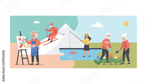 Energetic senior citizens engaging in various active hobbies including painting, skiing, fishing, and gardening.