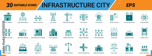 Infrastructure city icons set urban development construction utility power grid smart systems.