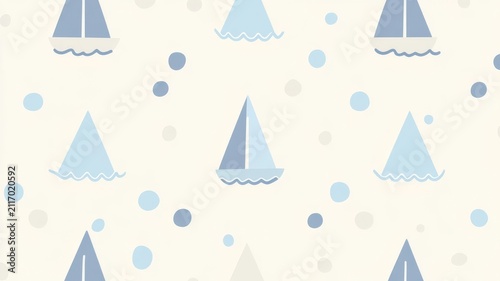 Seamless pattern featuring minimalist blue sailboat illustrations on cream background for nursery decor and textiles.