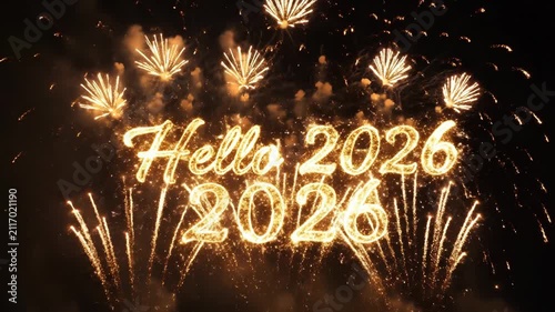 Golden fireworks spelling Hello 2026 and 2026 at night