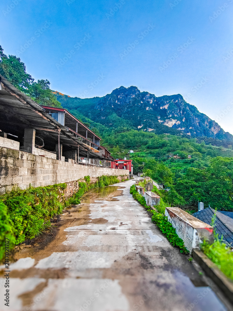 Fototapeta premium Mountain Village Pathway with Green Forest Hills and Scenic Landscape