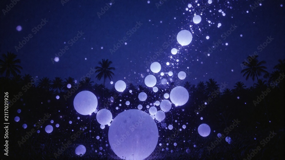 Fototapeta premium Ethereal Glowing Orbs Floating Over Tropical Palm Trees at Night