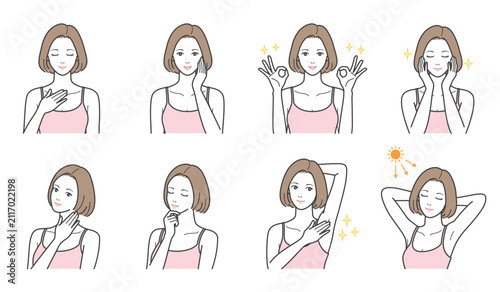 女性のボディケアと脱毛・スキンケアのイラスト8点セット（ワキ・首元・両手OK・UV対策）