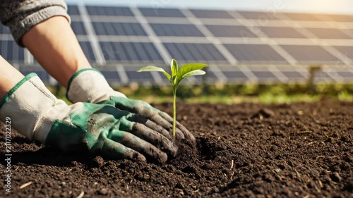 Hands in gloves planting seedling near solar panels in soil