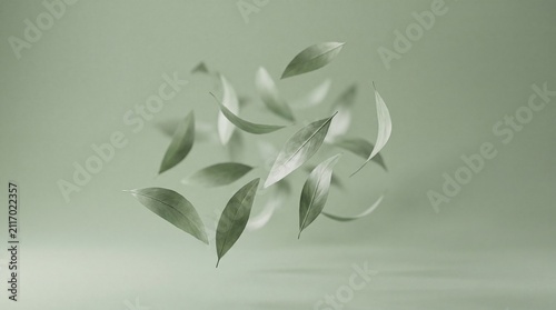 Minimalist green leaves floating in midair against soft pastel background for organic wellness concepts with monochromatic sage green studio backdrop