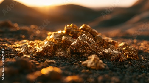 Pile of gold nuggets glittering in sunset light. Wealth and mining concept.