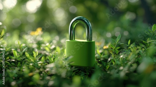 A green padlock nestled securely amongst lush green leaves in a natural setting. Perfect for environmental.