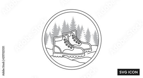 hiking boots in forest, trekking shoes icon