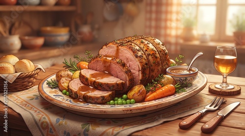Delicious Roast Beef with Vegetables on a Rustic Table.
