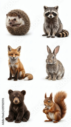 Forest animals including a hedgehog, raccoon, red fox, rabbit, bear cub, and squirrel stand in a neat grid against a clean white background to showcase their unique textures and natural fur colors.