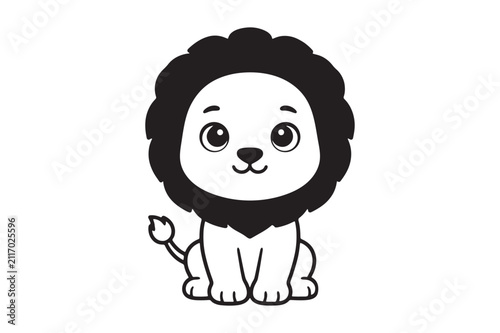 Cute Baby Lion Cartoon Vector Icon Black and White Animal Illustration