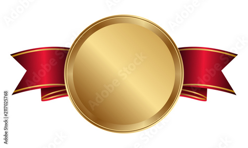 Blank Gold Badge Red Ribbon Frame Award Medal Certificate Seal Template