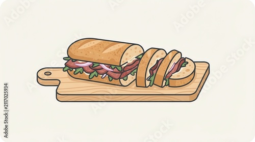 Delicious Submarine Sandwich on Wooden Serving Board.