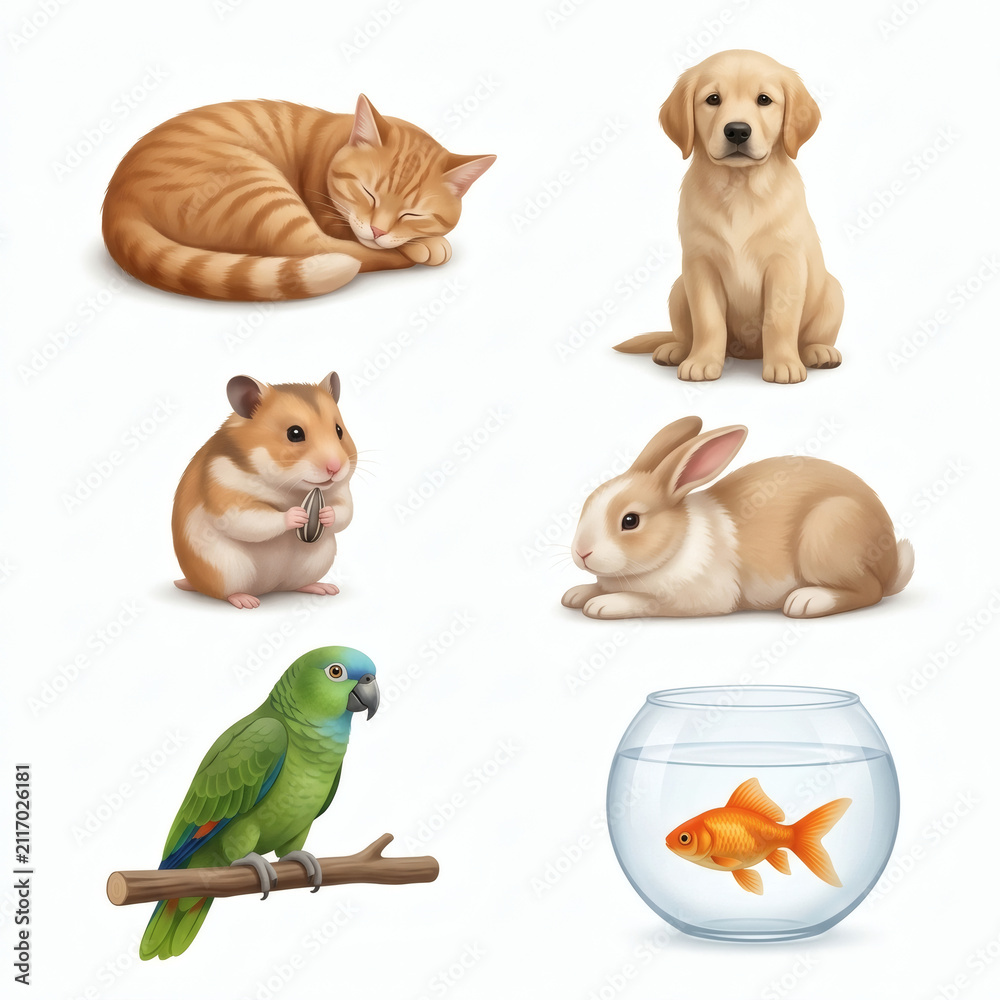 Fototapeta premium Domestic pets including a sleeping ginger cat, golden puppy, hamster, rabbit, parrot, and goldfish in a bowl are displayed together on a plain white background for veterinary clinic branding.