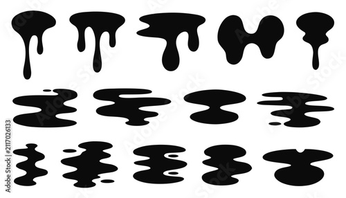 Collection of dripping paint effects and melting liquid puddle silhouettes on white background