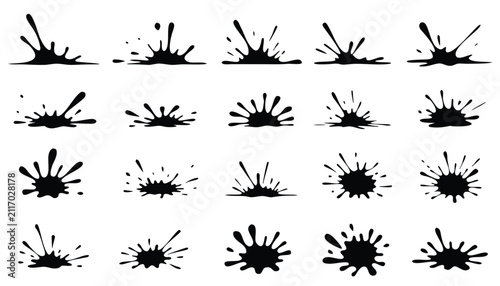 Variety of black paint splashes and liquid impact silhouettes