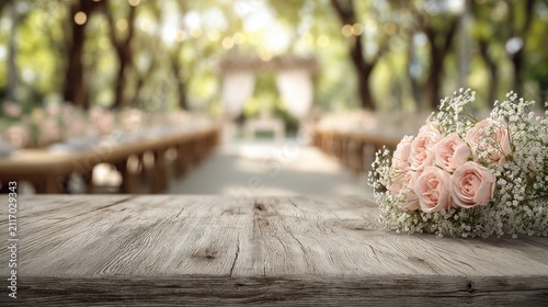 Rustic wooden table with a wedding bouquet in an outdoor garden venue. Ideal for wedding mockups and event.