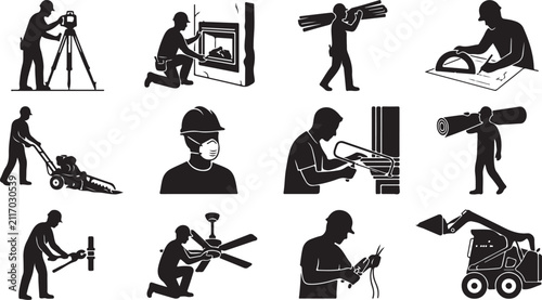 Collection of black silhouette featuring construction workers, heavy machinery, and various manual labor tasks for building renovation