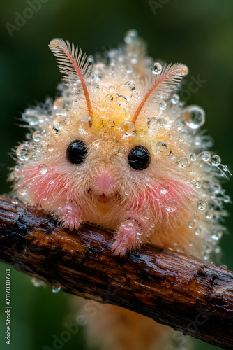 Cute Fluffy Fantasy Creature Covered in Dewdrops Peeking Over a Wet Tree Branch