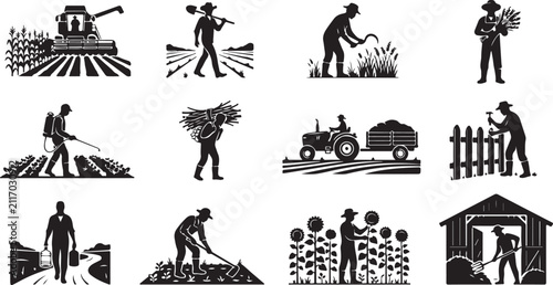 Bild auf Leinwand Set of black silhouette representing farmers working in fields, operating agricu