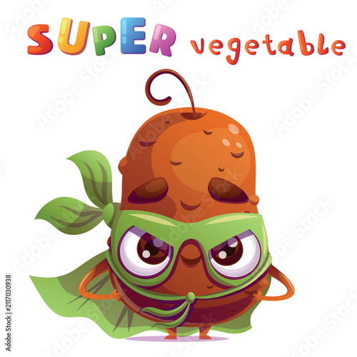 Cute potato vegetable character dressed as a superhero standing in a heroic pose with a mask and a flowing cape. Bright playful headline in a colorful kids style is placed above the character. Fun