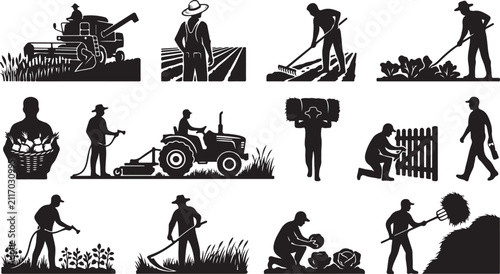 Set of black silhouette showing farmers, agricultural machinery, and various field cultivation tasks on a white background