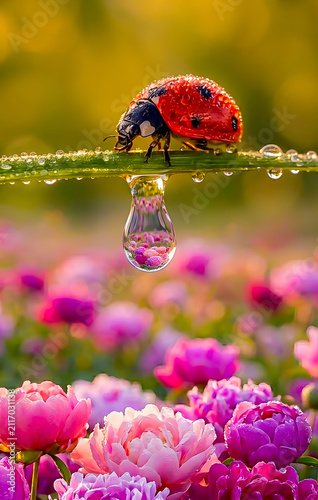 Macro Extreme Close Up of Ladybug on Wet Blade of Grass with Flower Field Reflected in Hanging Dewdrop