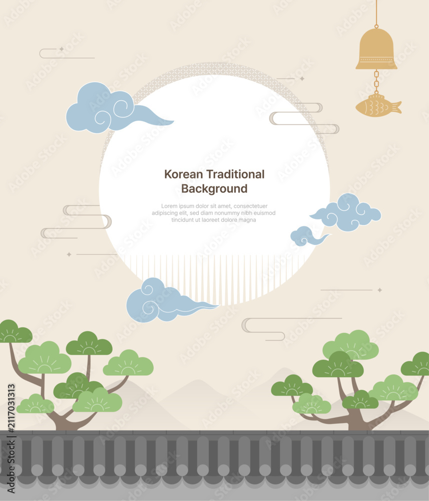 Fototapeta premium 한국 전통 스타일 배경_기와 울타리와 소나무 그리고 동양 구름
