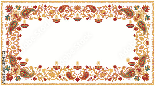 Diwali festival border with diya lamps and paisley floral motifs