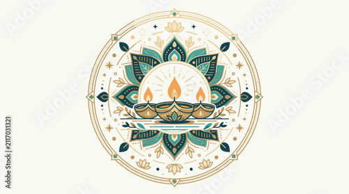 Ornate mandala circular pattern with glowing diya lamps for diwali