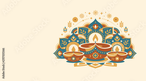 Diwali festival diya lamps with decorative mandala pattern