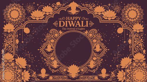 Happy diwali festival background with mandala and lotus patterns