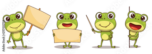 Cute green frog cartoon character with bold outline in four useful design poses. The collection includes a frog holding a sign on a stick with copy space, a frog holding a blank poster with both hands