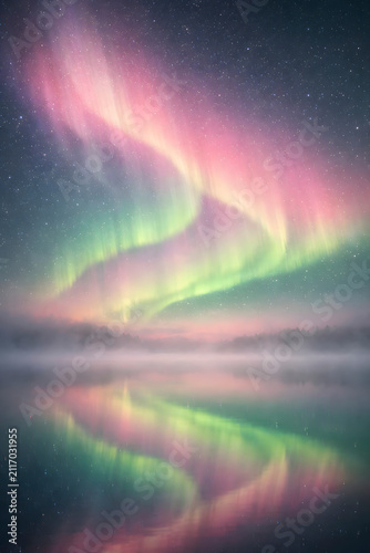 Stunning Pink and Green Northern Lights Reflecting in a Calm Misty Lake Under Starry Sky