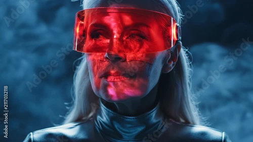 Mature woman in cyber visor with colorful projected face patterns