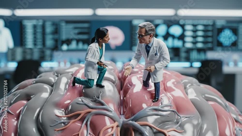 Miniature doctors examining human organ structure in futuristic lab