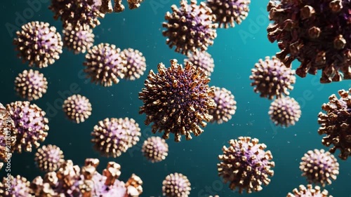 Microscopic view of virus particles with spike proteins on blue background