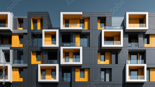 Modern architectural building facade featuring geometric balconies and dark panels. Ideal for contemporary.