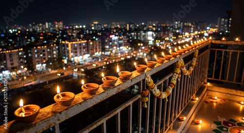 Row of glowing Diwali diyas on apartment balcony overlooking illuminated city skyline at night creating festive urban celebration atmosphere
